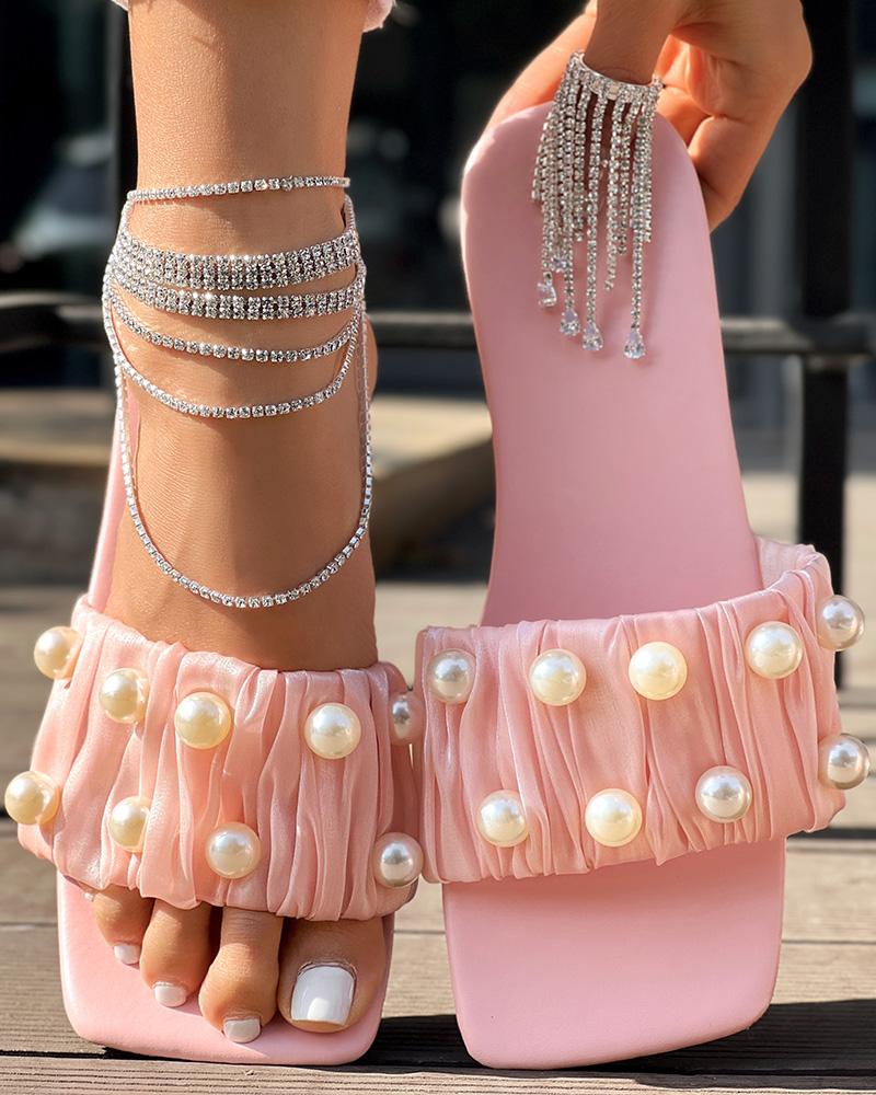 

Pearls Decor Ruched Slippers Open Toe Summer Sandals, Pink