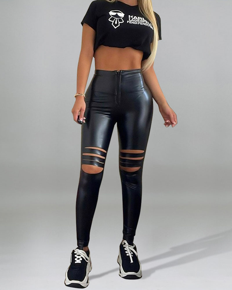 

Zipper Fly Ladder Cutout PU Leather Skinny Pants, Black