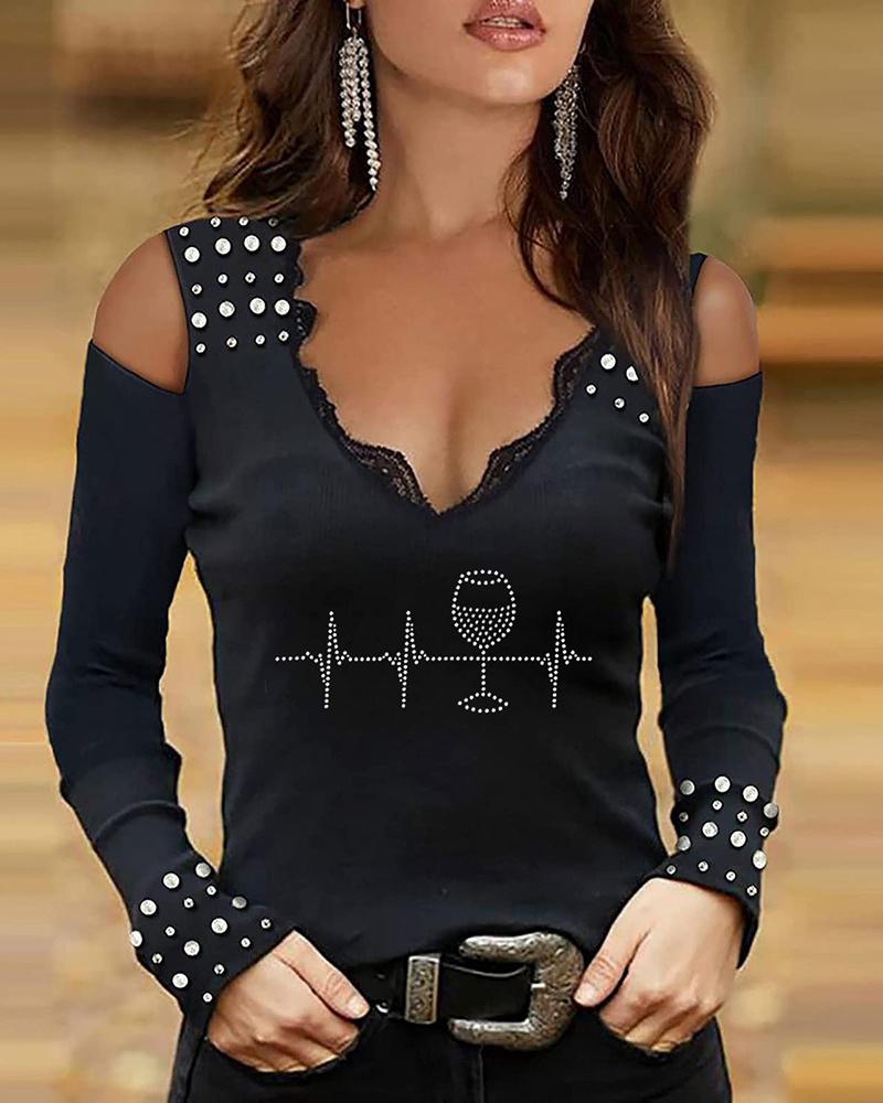 

Studded Rhinestone Heart / Wine Glass Pattern Lace Trim Top, Style2
