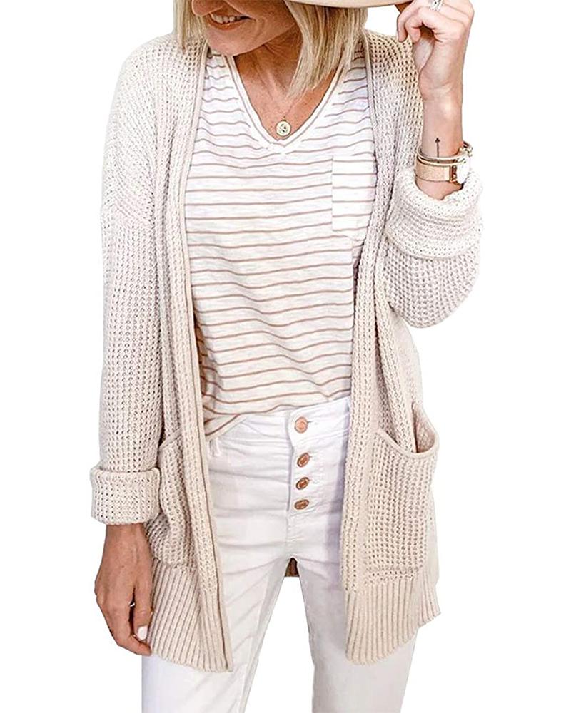 

Casual Solid Waffle Check Cardigan, Apricot