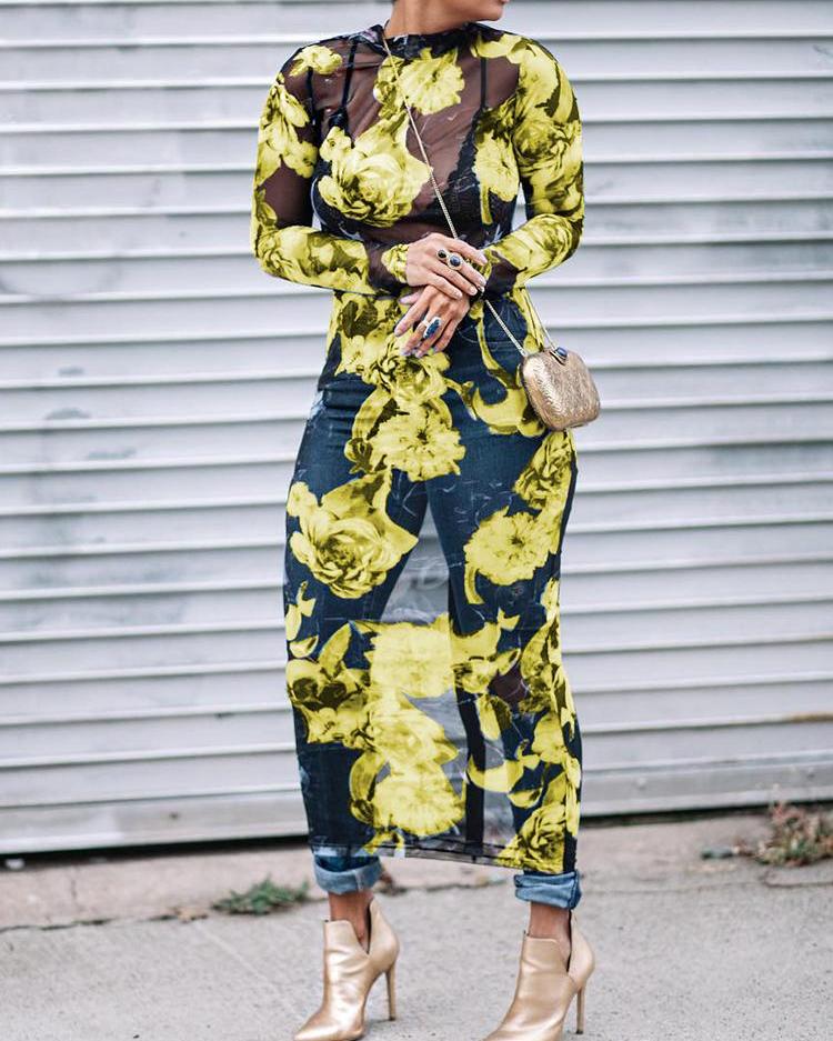 

See Through Floral Print Bodycon Mesh Dress, Yellow