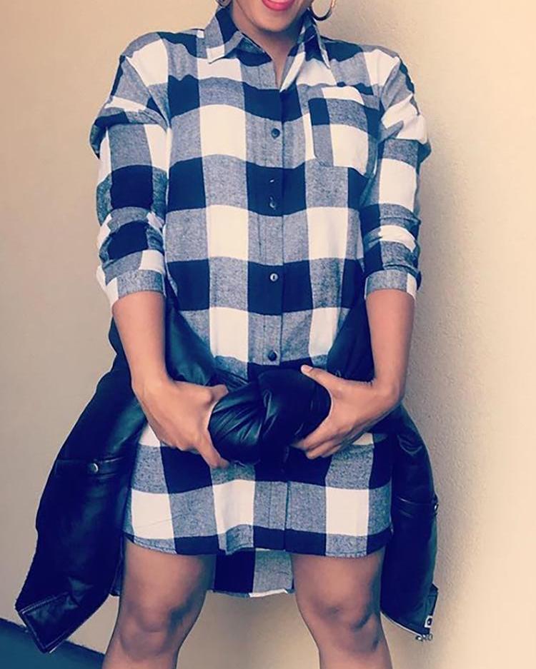 

Plaid Print Chest Pocket Shirt Dress, Black