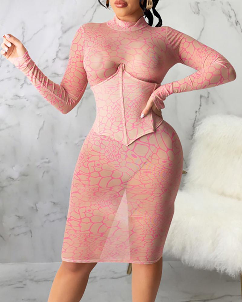 

Colorblock Long Sleeve Mesh Bodycon Dress, Pink