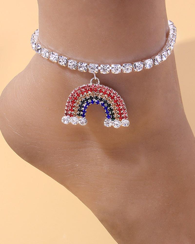 

1pc Rhinestone Fashion Jewelry Rainbow Stripe Beach Anklet, Silver
