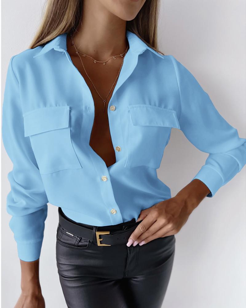 

Long Sleeve Buttoned Pocket Design Top, Lighted blue