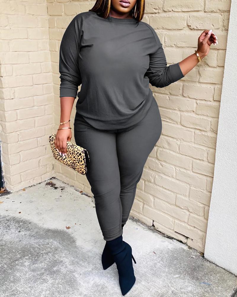 

Knit Casual Top & Drawstring Pants Set, Gray