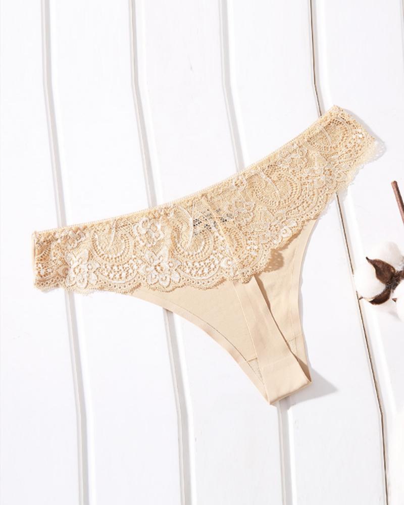 

Contrast Lace Seamless Breathable Thong Panty, Apricot