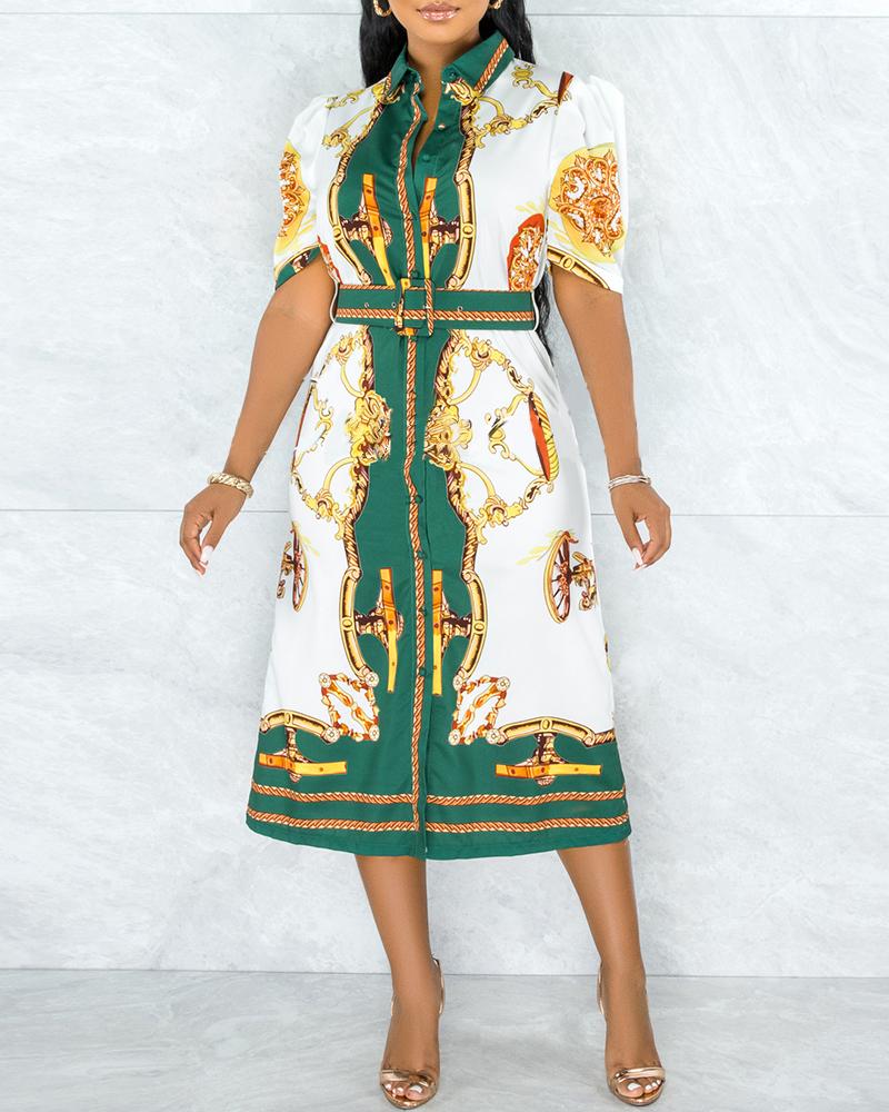 

Scarf Print Button Front Shirt Dress With Belt, Green