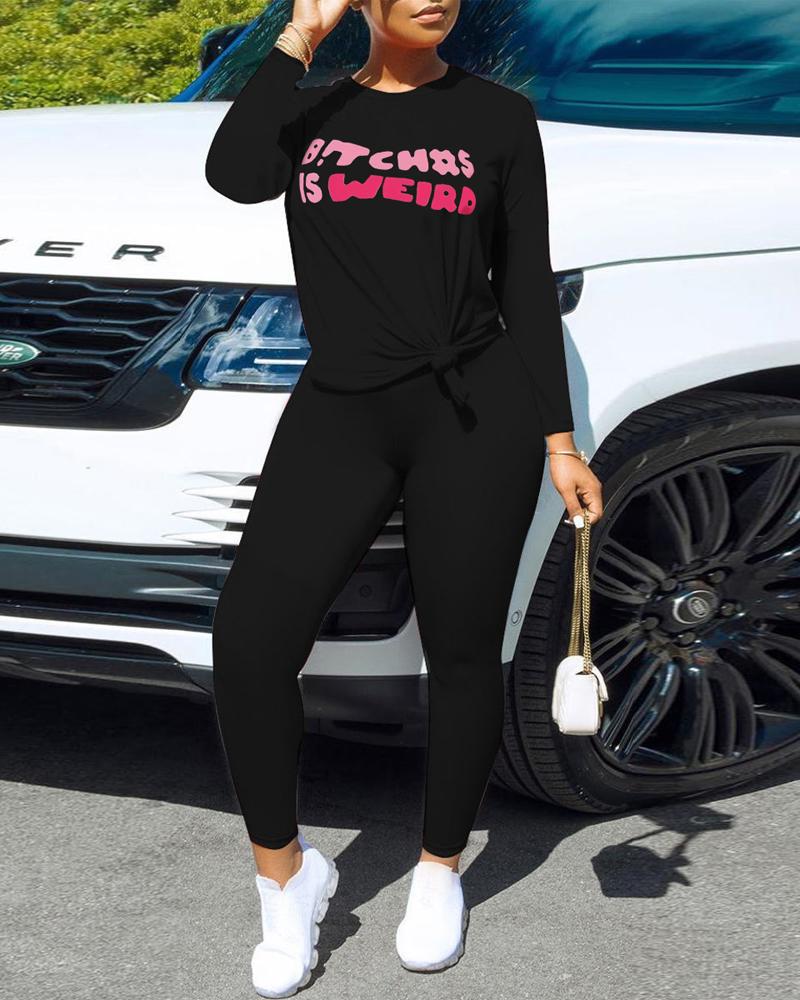 

Letter Print Long Sleeve Top & Pants Set, Black