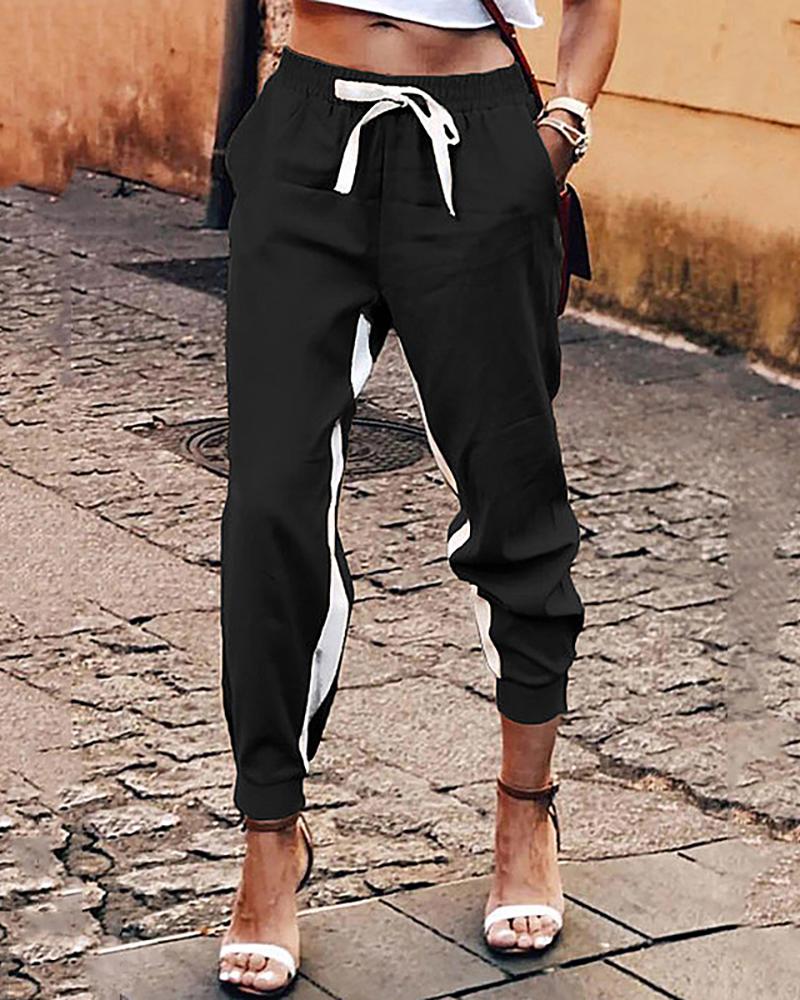 

Colorblock Pocket Design Drawstring Sweatpants, Black