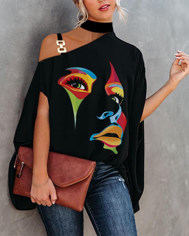 

Abstract Figure Print Chain Strap Cold Shoulder Top, Black
