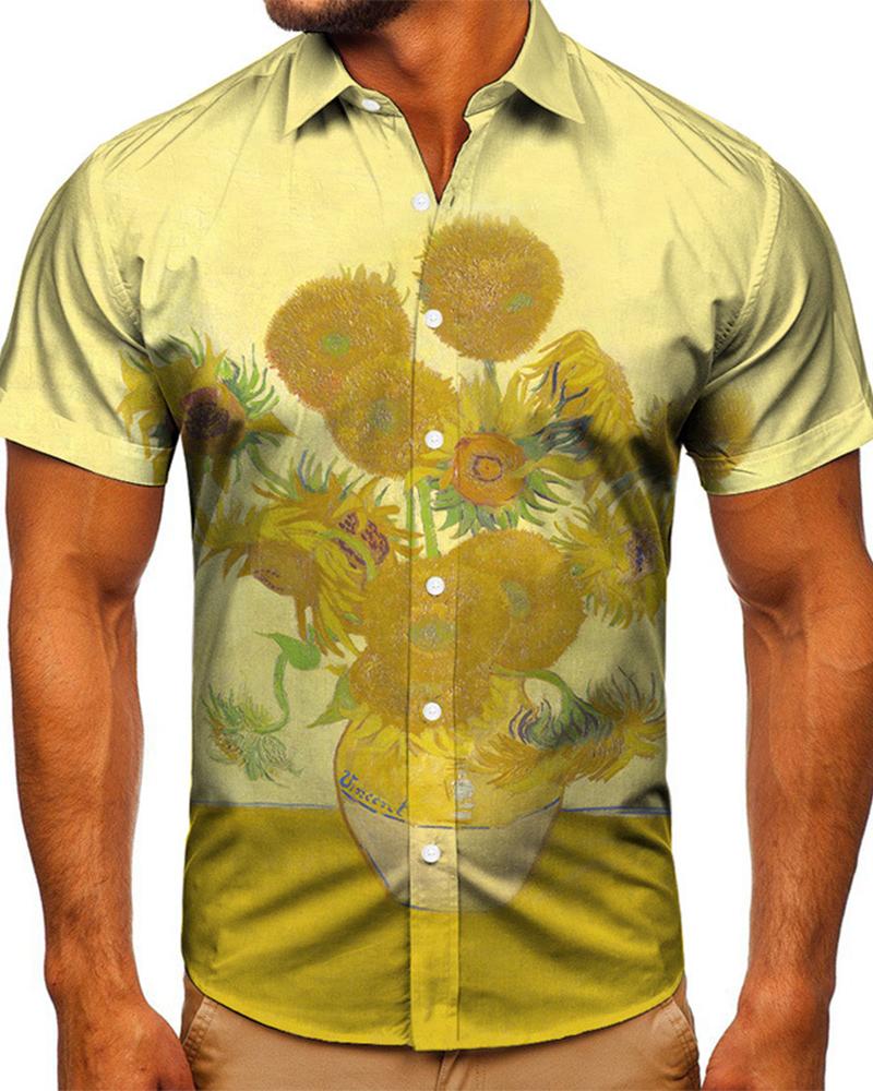 

Sunflower Print Short Sleeve Loose Button-up Shirts, Multicolor
