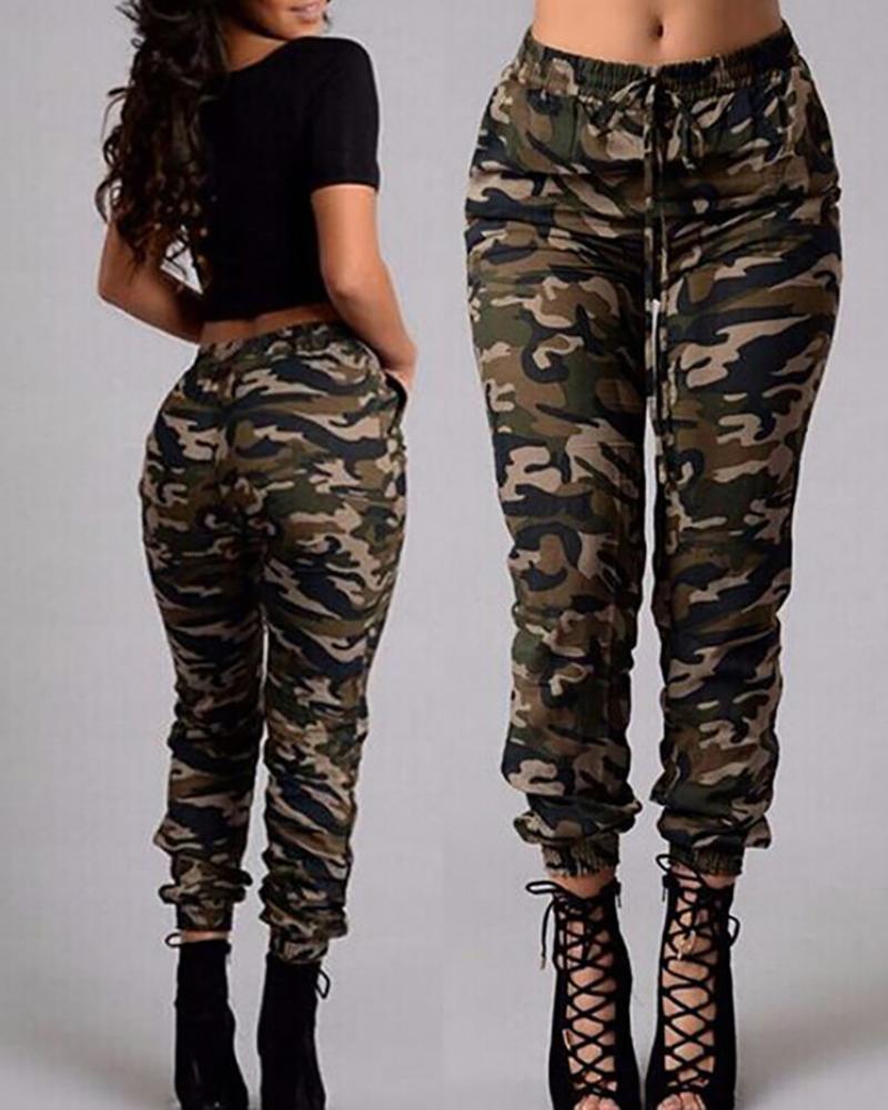 

Camouflage Pocket Design Drawstring Cargo Pants, Army green