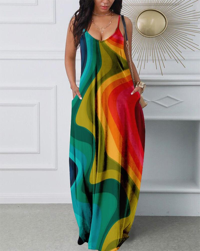 

Spaghetti Strap Abstract Print Pocket Design Dress, Multicolor
