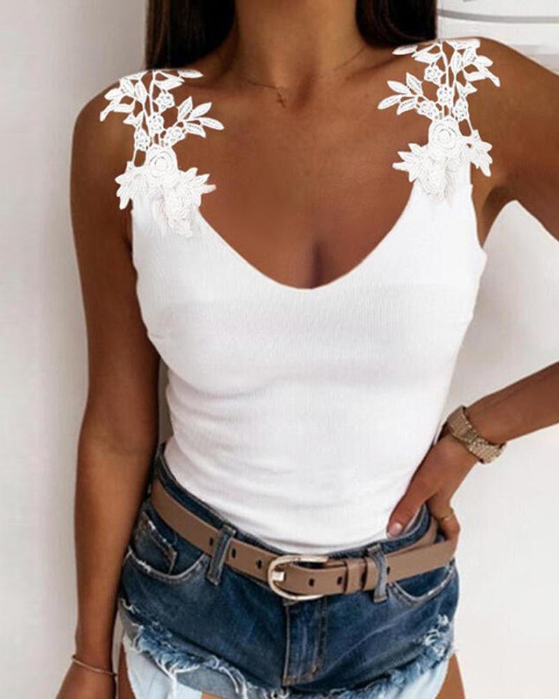 

Contrast Lace V-Neck Tank Top, White