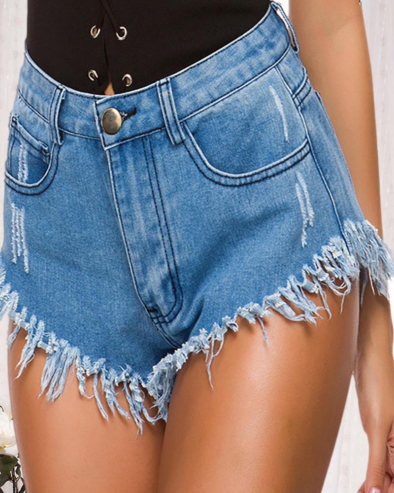 

Ripped Fringe Hem High Waisted Denim Shorts, Blue