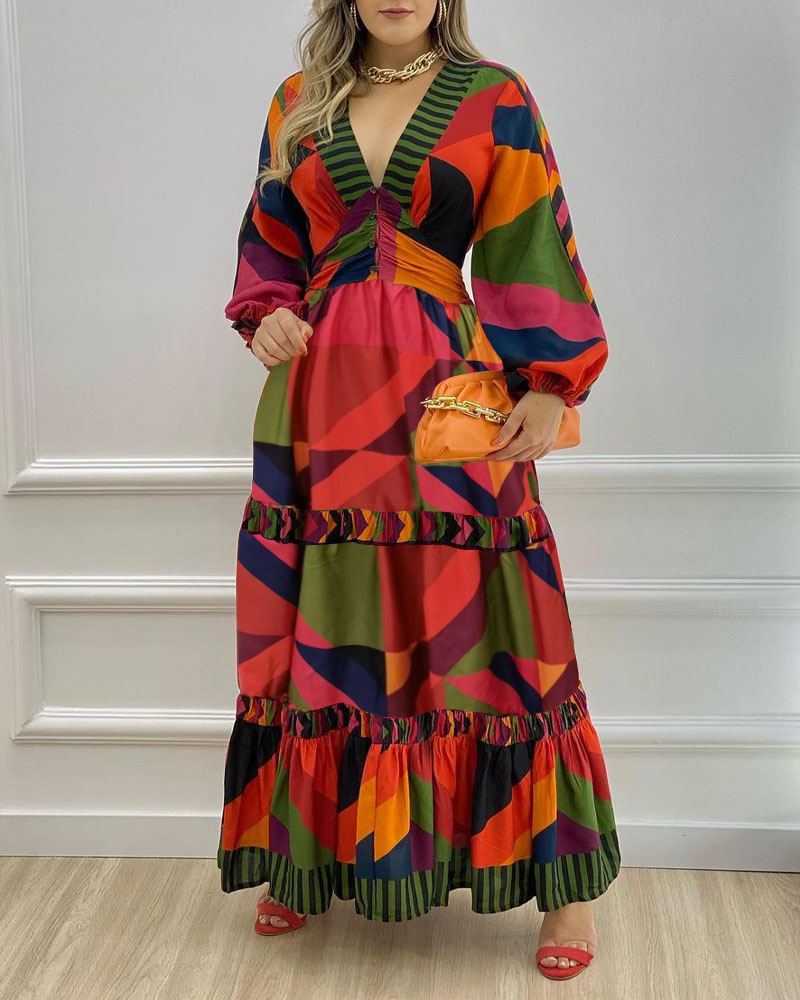 

Geometric Print Lantern Sleeve Maxi Dress, Multicolor