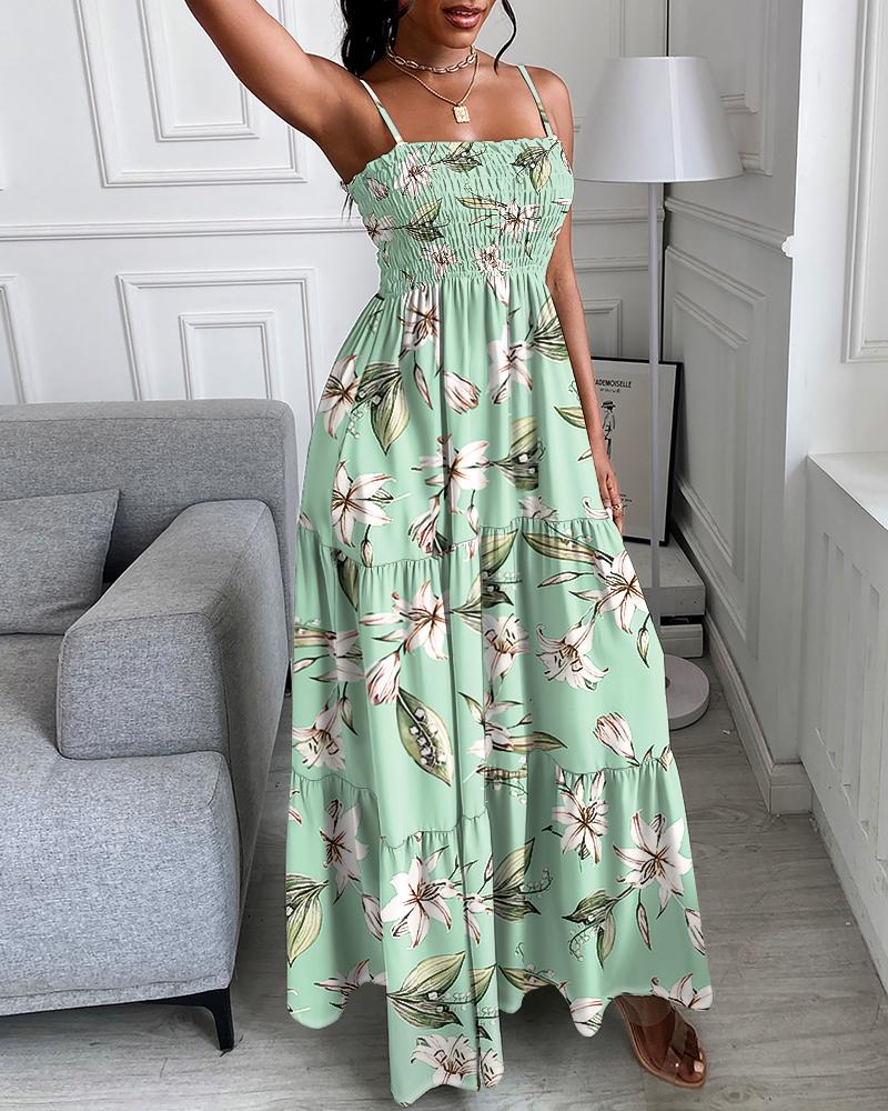 

Floral Print Smoked Shirring Detail Ruched Casual Maxi Dress, Green