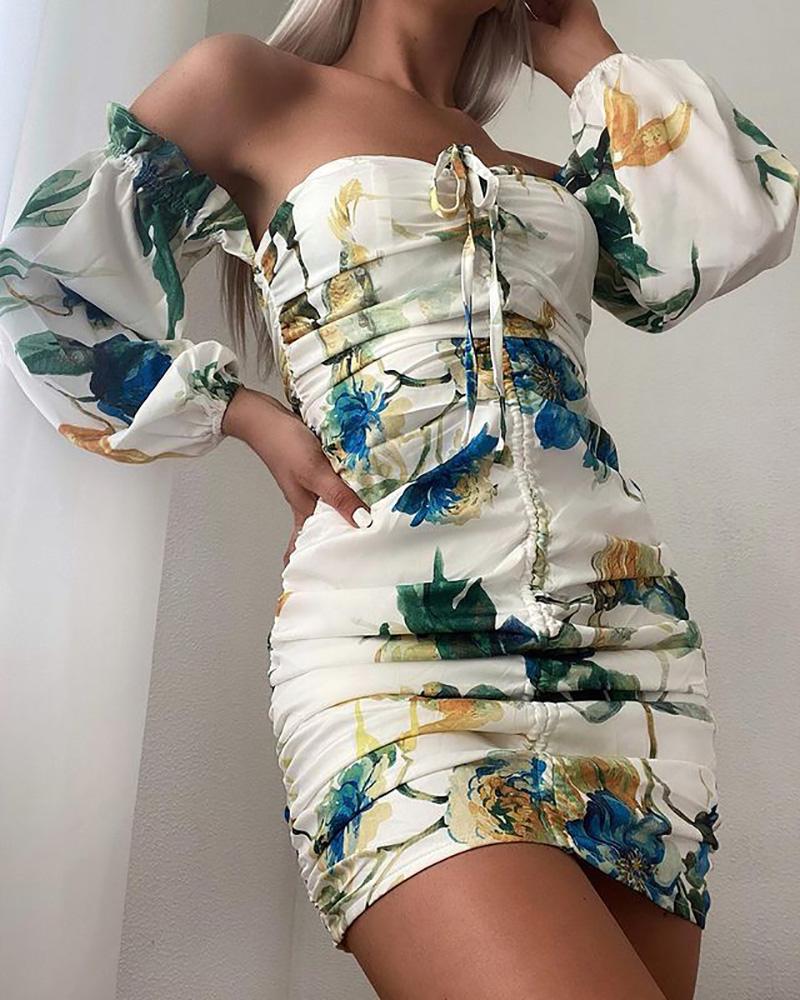 

Off Shoulder Drawstring Floral Print Bodycon Dress, White