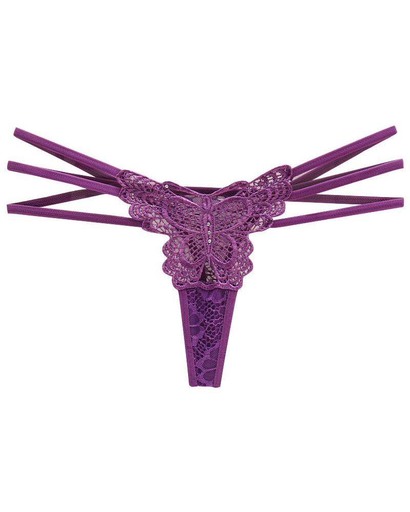 

Solid Color Splicing Lace Sexy Bownot Hollow-out Thongs, Purple