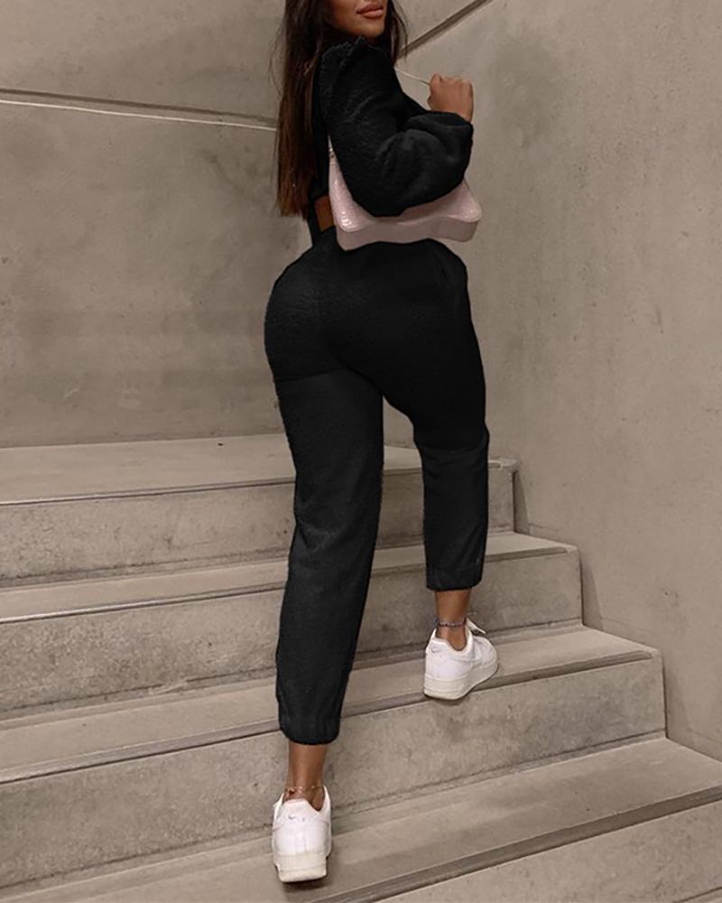 

Long Sleeve Fluffy Top & Drawstring Pants Set, Black