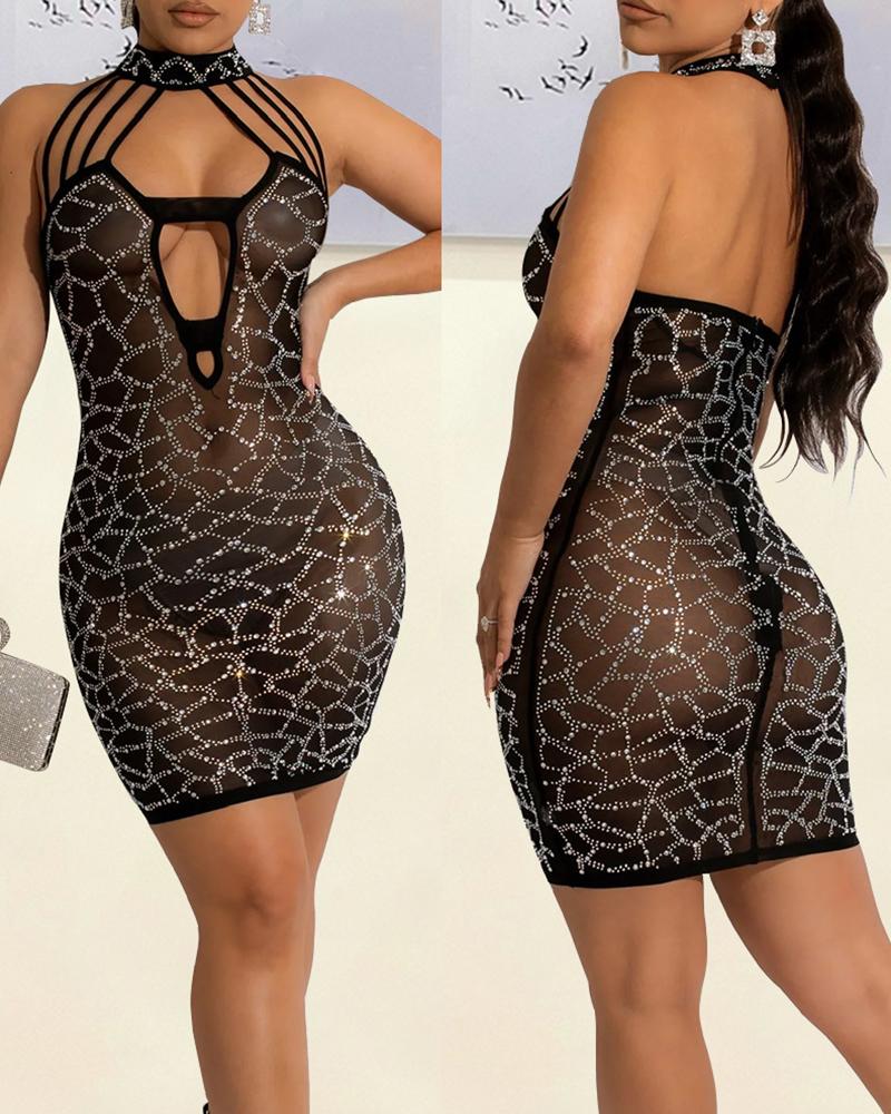 

Cutout Sleeveless Rhinestone Sheer Mesh Party Dress, Black