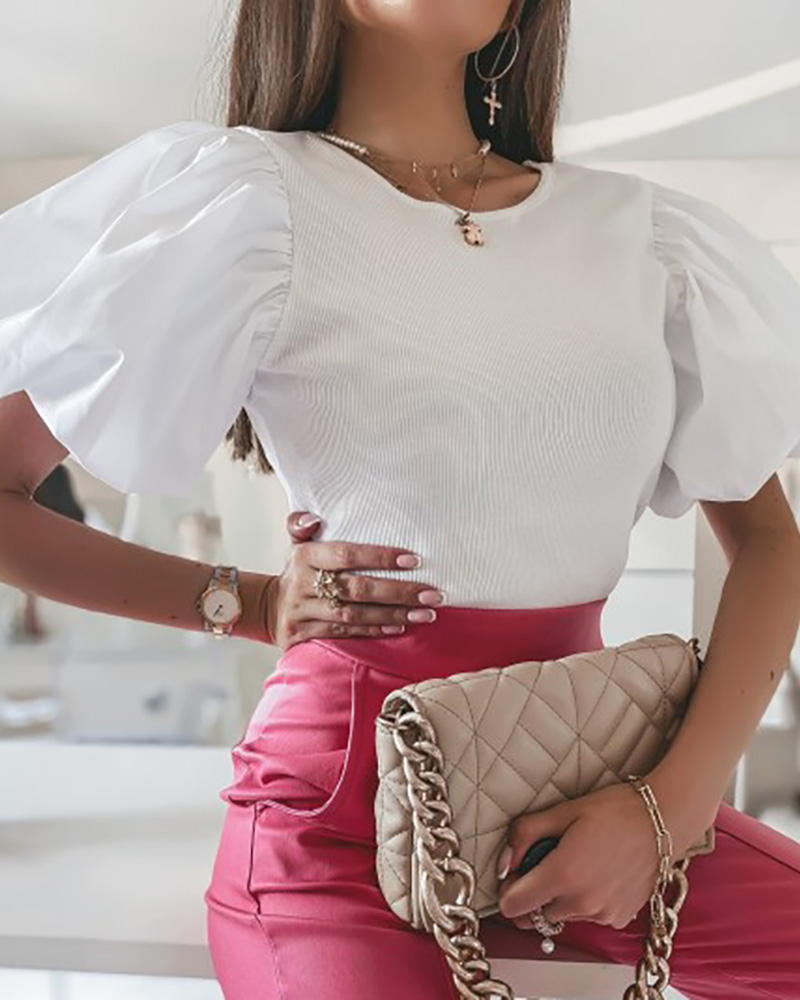 

Lantern Sleeve Knit Skinny Top, White