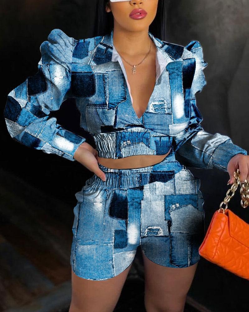 

Denim Look Print Puff Sleeve Crop Top & Shorts Set, Blue