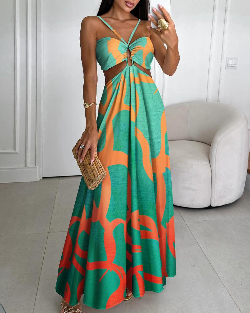 

Robe longue à imprimé floral, dos nu, sans manches, ajourée à la taille, robe sexy trapèze dos nu, Green