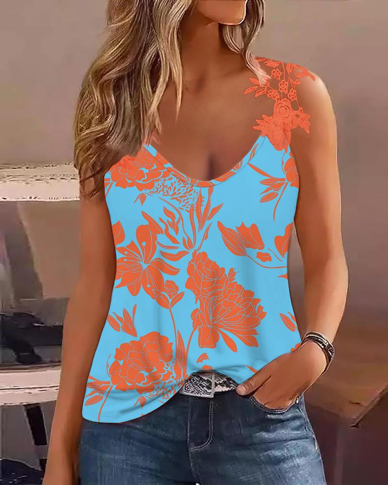 

Plants Print Lace Patch Sleeveless Top, Blue