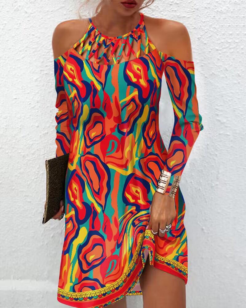 

Multi-Color Abstract Print Hollow Out Casual Dress, Orange