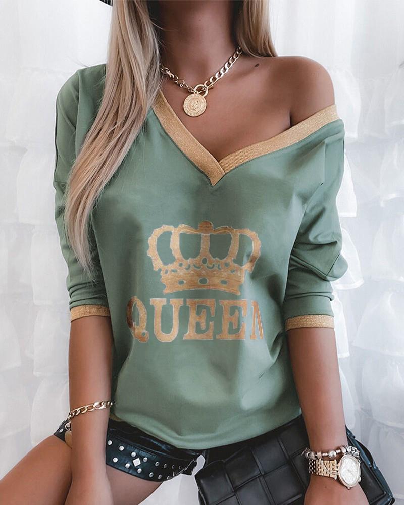 

Letter Crown Metallic Long Sleeve Top, Green
