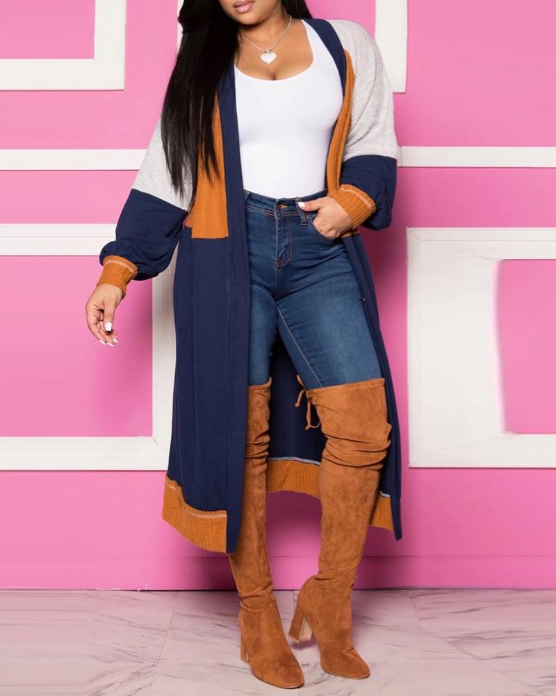 

Colorblock Lantern Sleeve Longline Cardigan, Blue