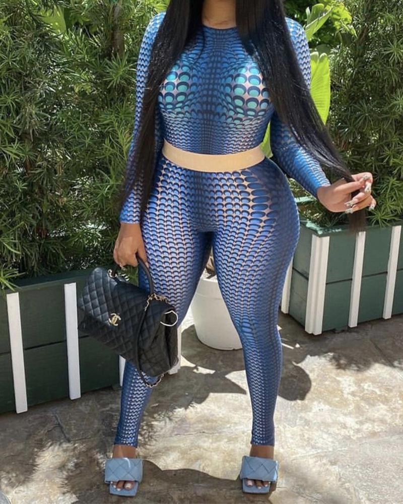 

Geometric Print Skinny Top & Pants Set, Blue