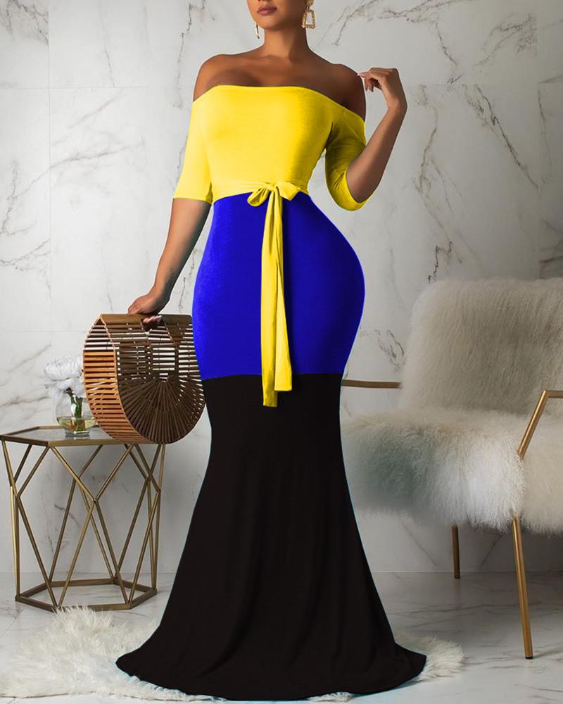 

Off Shoulder Tie Detail Colorblock Mermaid Dress, Black