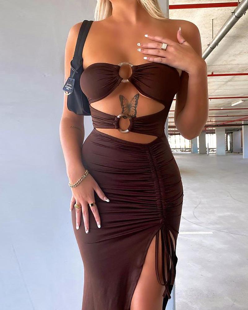 

O-Ring Drawstring Ruched Slit Bandeau Dress, Brown