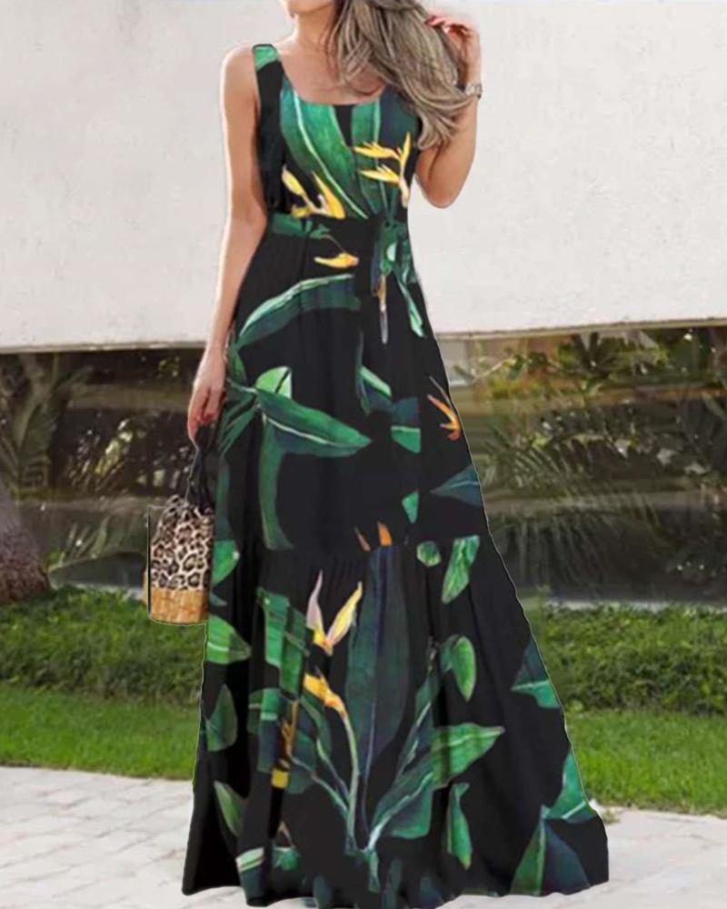 

Palm Leaf Print Sleeveless Maxi Dress, Black