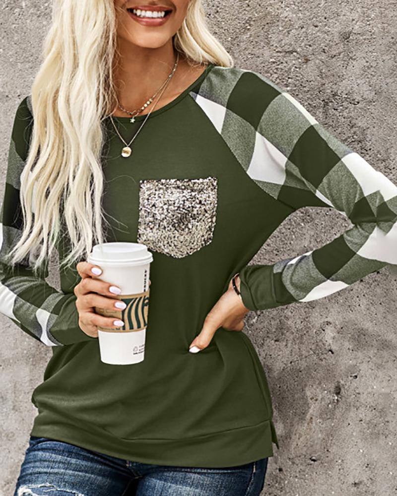 

Sequins Pocket Plaid Print Long Sleeve Top, Green
