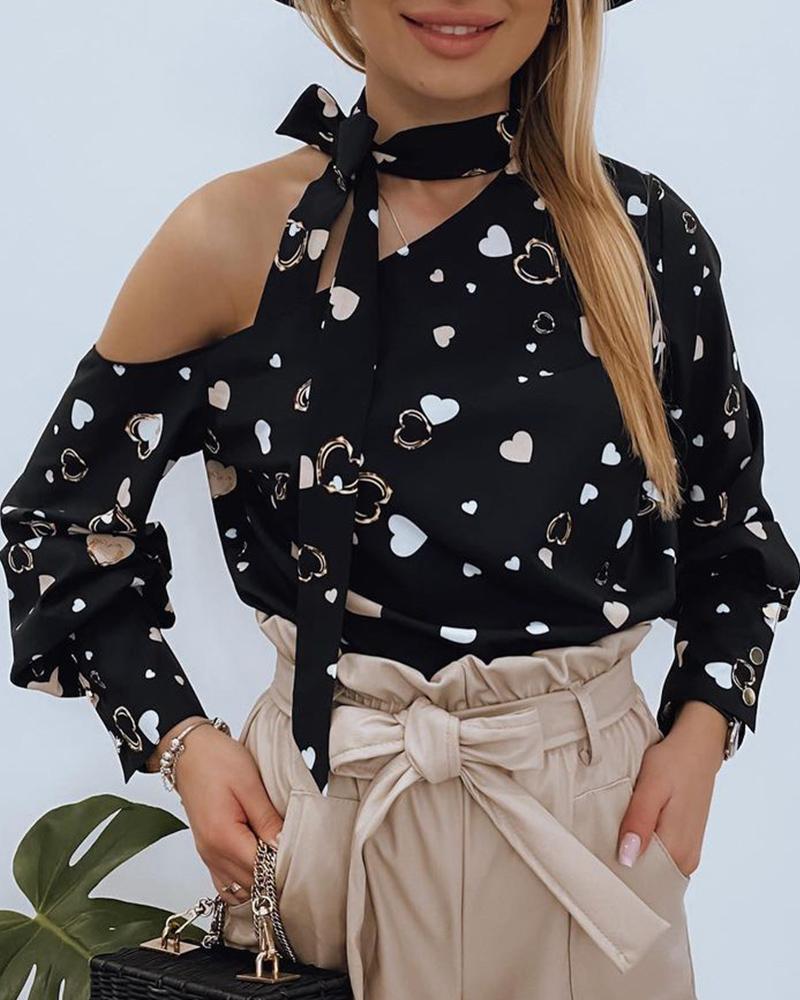 

Heart Print Tied Detail Cold Shoulder Top, Black