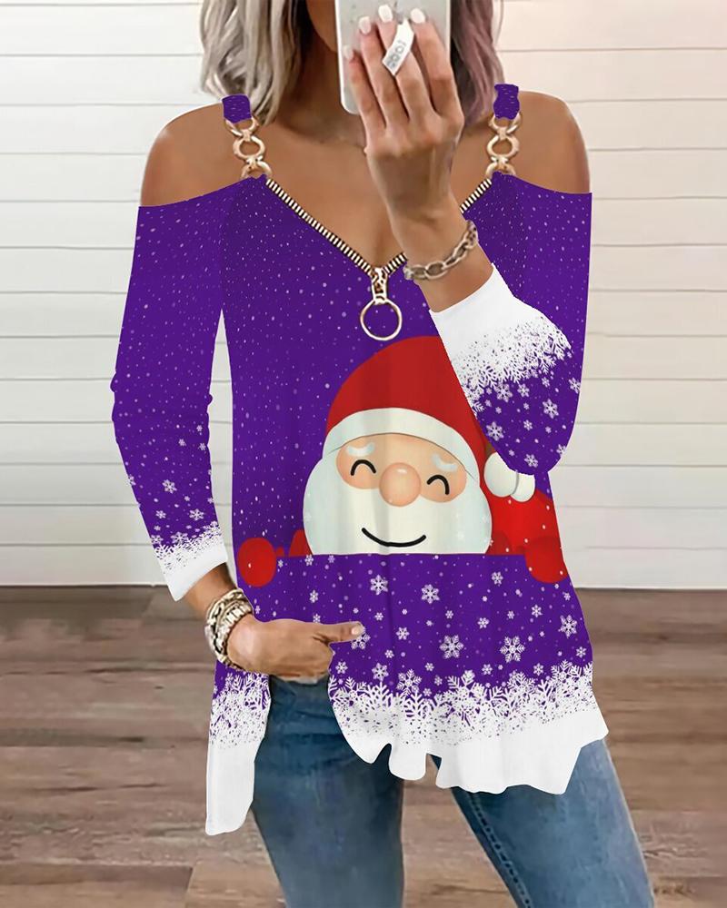 

Christmas Santa Snowflake Print Zipper Design Top, Purple