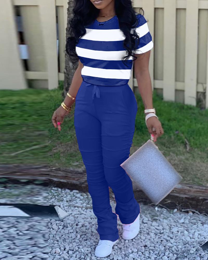 

Striped Colorblock Top & Drawstring Ruched Pants Set, Blue