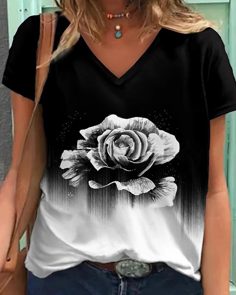 

Colorblock Floral Print V-Neck Casual T-shirt, Style2
