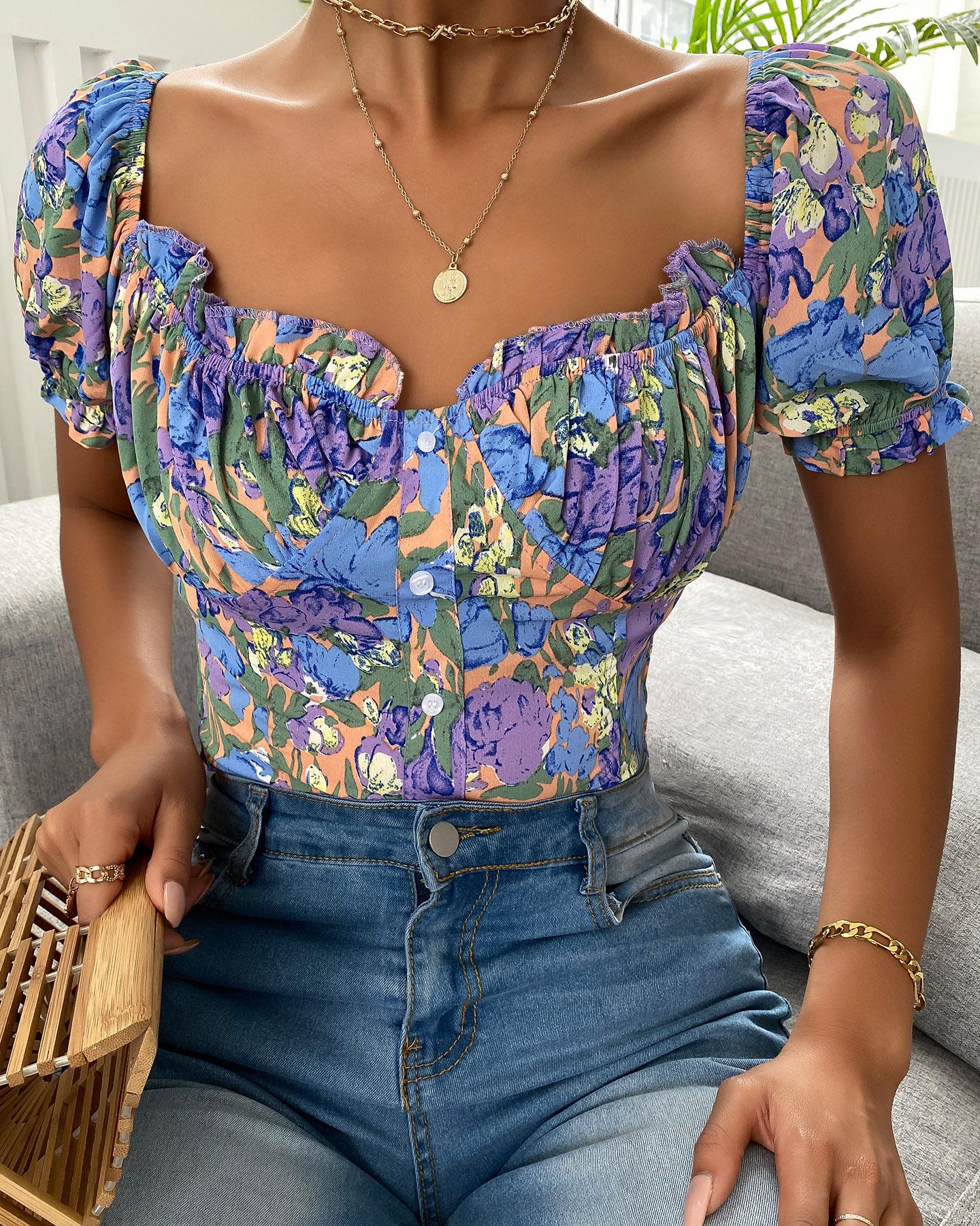 

Floral Print Frill Hem Ruched Puff Sleeve Top, Style1