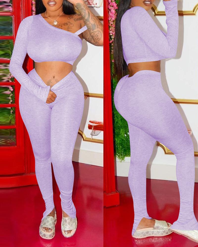 

One Shoulder Ribbed Crop Top & Bootcut Pants Sets, Purple