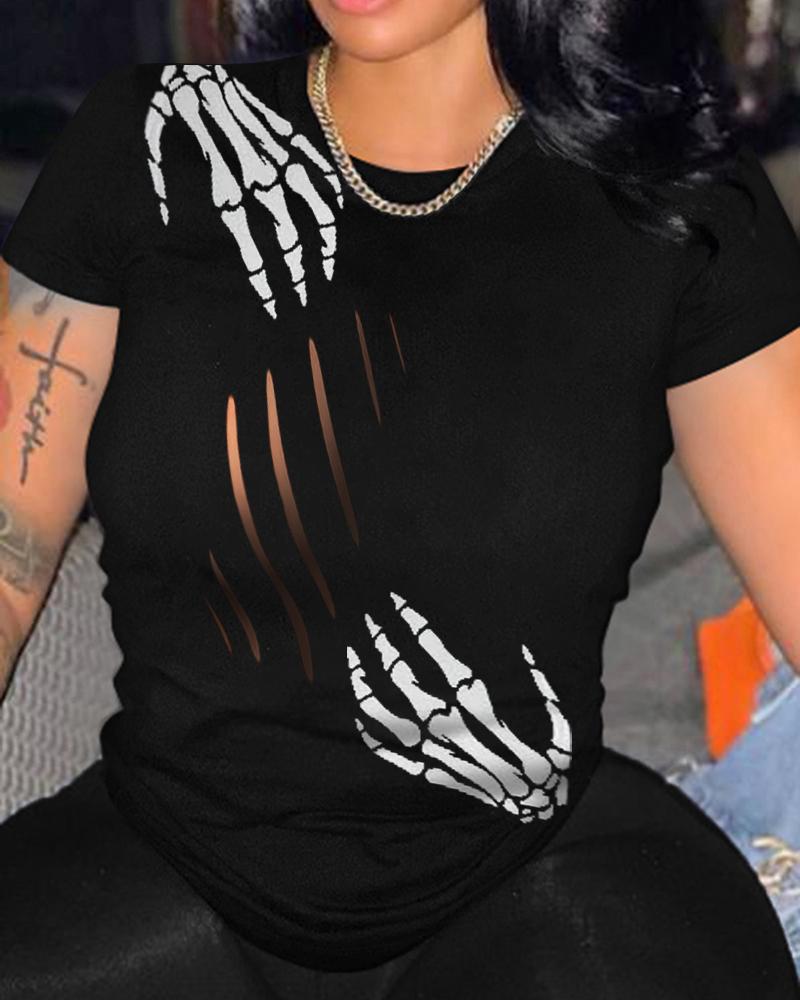 

Halloween Skeleton Print Cutout T-shirt, Black