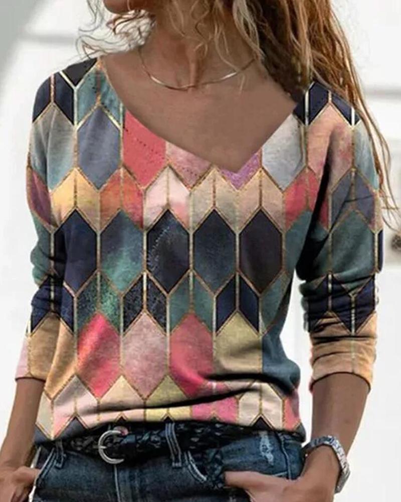 

Geo Print Colorblock Blouse, Pink