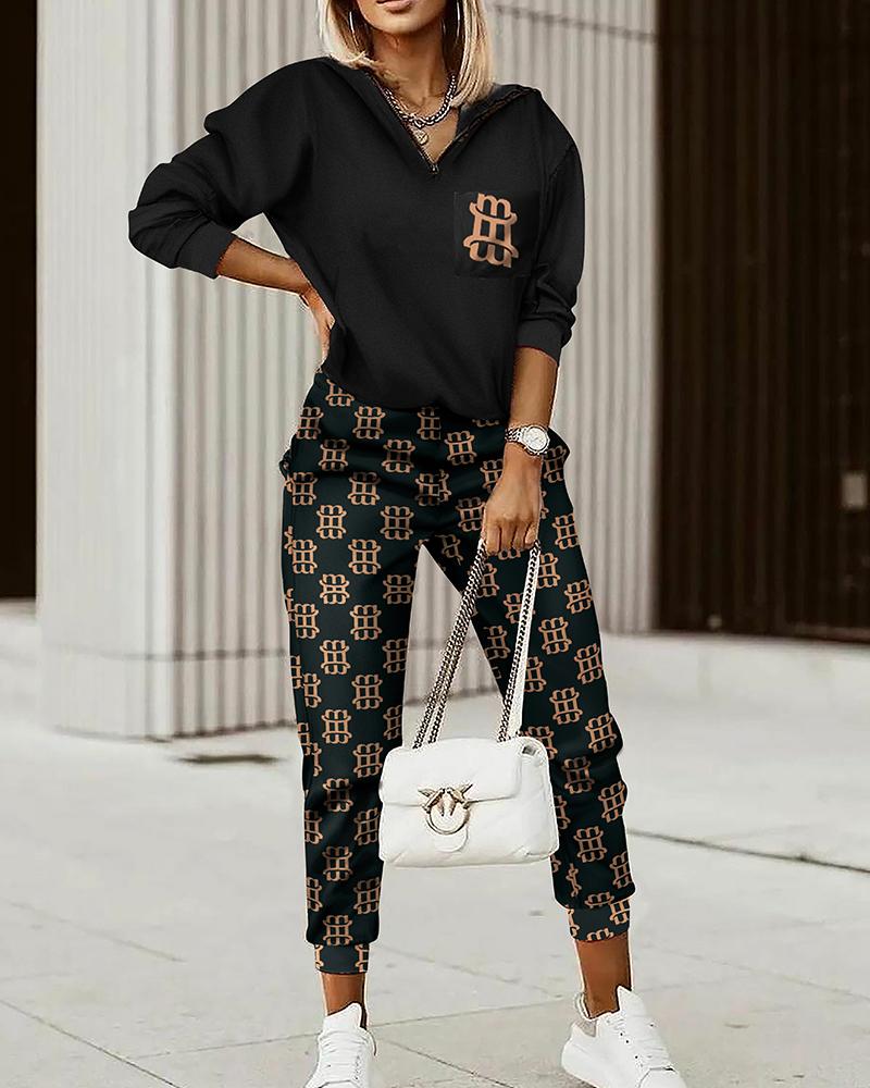 

ChicMe Letter Print Zip Front Hooded Top & Pants Set, Black
