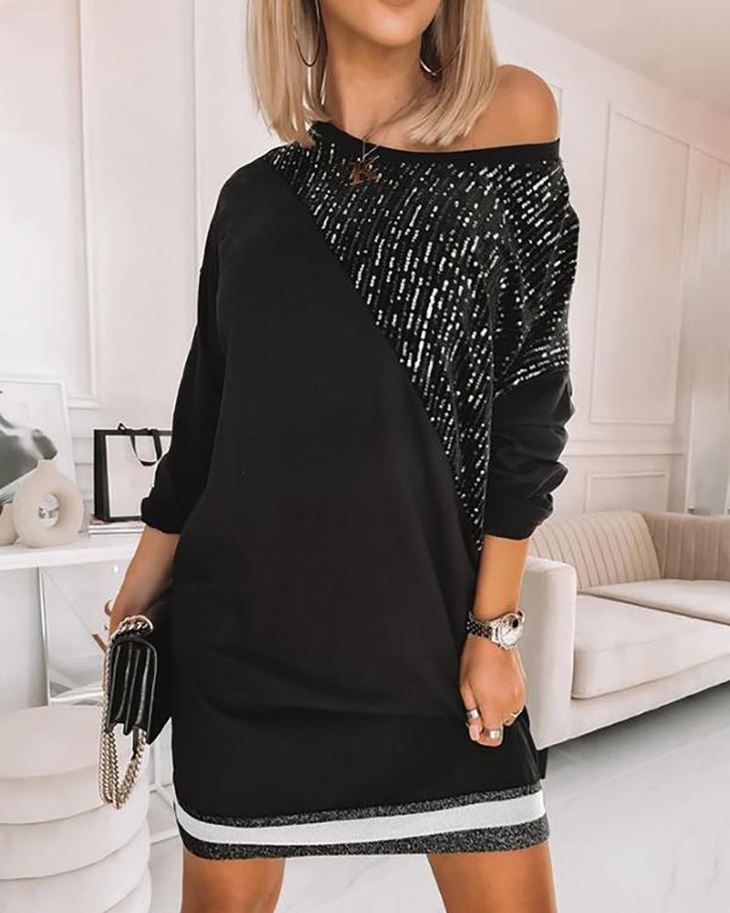 

Contrast Sequins Striped Trim Longline Top, Black