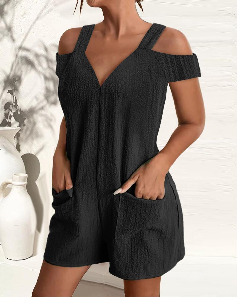 

Cold Shoulder Pocket Design Casual Romper, Black