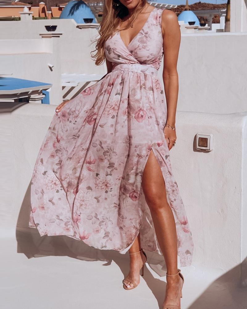 

Floral Print V Neck High Slit Maxi Dress, Pink